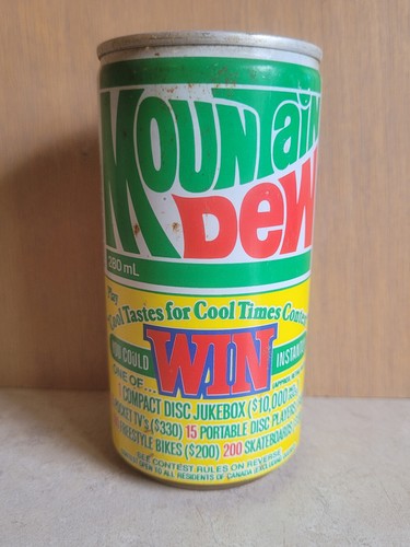 MOUNTAIN DEW Vintage CONTEST Soda Can PUSH BUTTON Steel FLAT TOP Toronto Canada - Picture 16 of 16