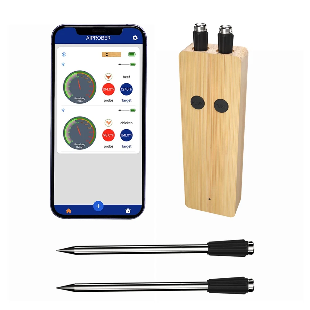 Wireless Meat Thermometer 2 Probes, 500FT Long Wireless Range Thin Probes APP...