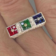 Ruby Sapphire Diamon Ring 18K Gold Unisex Geometric Engagement Pinky Modernist