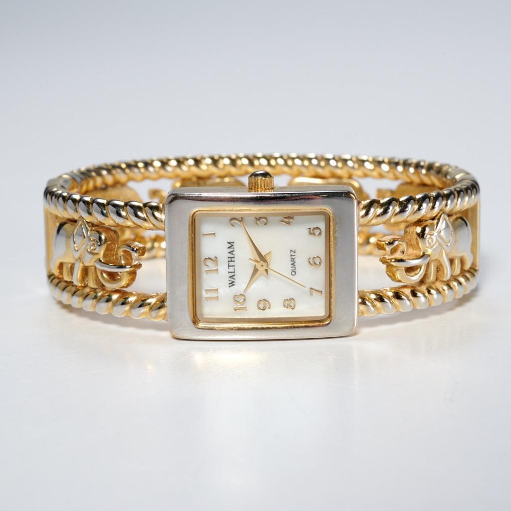 Vintage Waltham Gold Tone Mother of Pearl Elephant Design Cuff