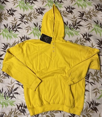 URBAN BUCK Mens Large Yellow Button Up Pullover Hooded Sweatshirt New