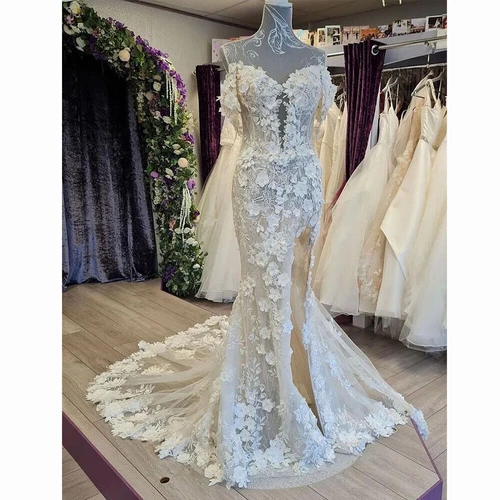 Bohemian Wedding Dresses with Side Split 3D Flowers Off The Shoulder Bridal Gown - Picture 2 of 6