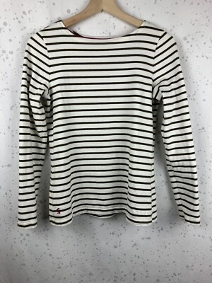 Joules Wmns Size 4 US T-Shirt Mariners Grade Brown Stripe Boatneck Long Sleeve