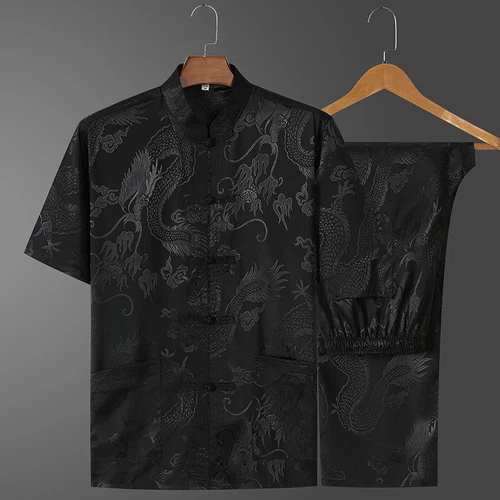Men's Silk Satin Tang Shirt Tops Dragon Print Short Sleeve Chinese T-shirt Pants - Picture 5 of 16