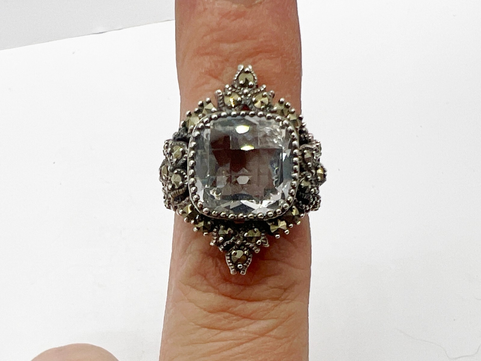 VINTAGE SOLID STERLING SILVER LARGE CLEAR STONE S… - image 1