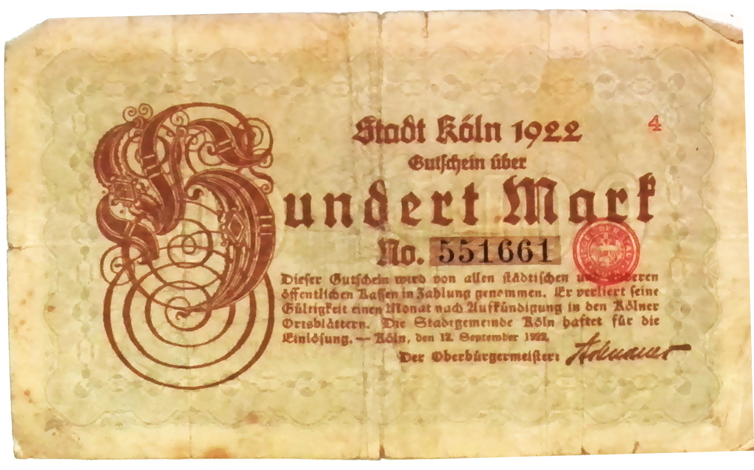 1922 Germany KOLN 100  Mark Banknote Well circulated