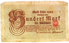 1922 Germany KOLN 100  Mark Banknote Well circulated