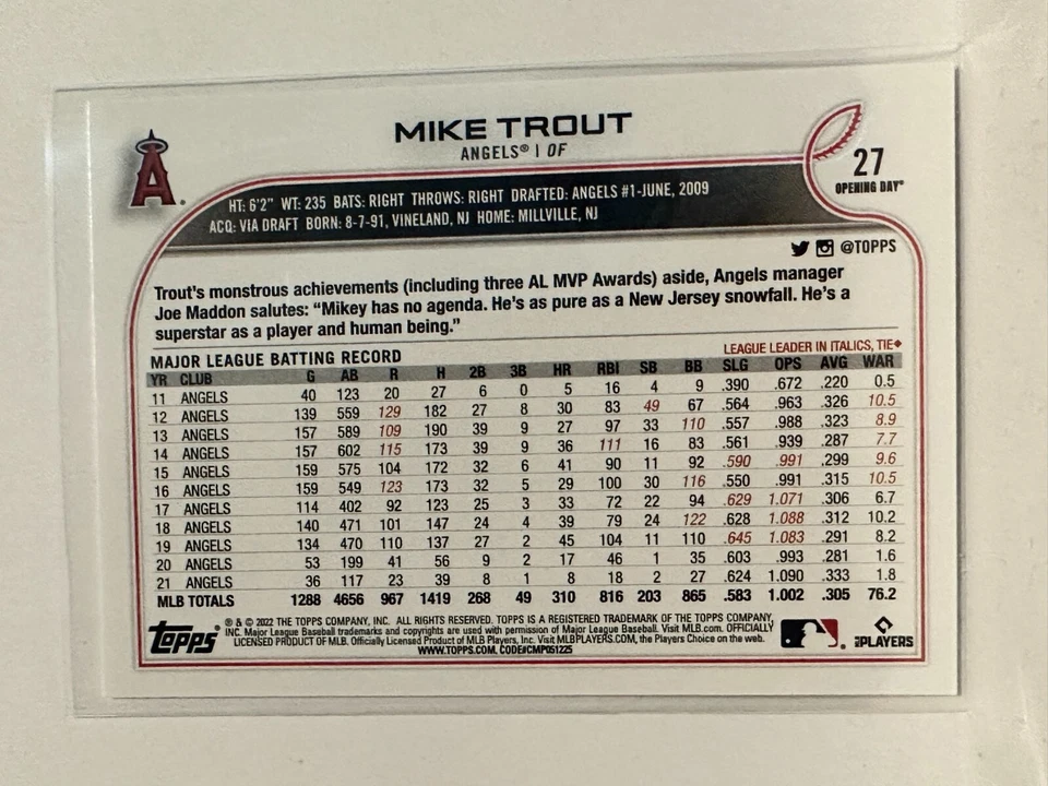 #27 Mike Trout Los Angeles Angels 2022 Topps Opening Day Baseball Card - Image 2 of 2