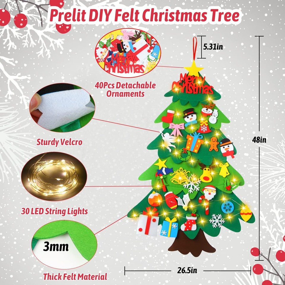 Lighted Felt Christmas Tree,Prelit DIY Christmas Tree with 40Pcs