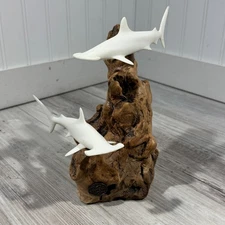 FABULOUS BURL-DRIFTWOOD BASE w/JOHN PERRY HAMMERHEAD SHARK DUO ONE OF A KIND VGC