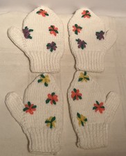 2 Pair of Vintage 1960  s Children  s White W/Colorful Flowers Knitted Mittens