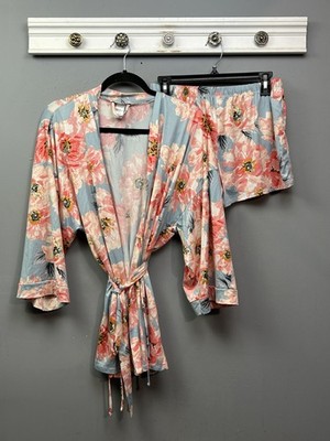 Linea Donatella Pajama Set Womens Medium Blue Pink Floral Kimono Robe Shorts
