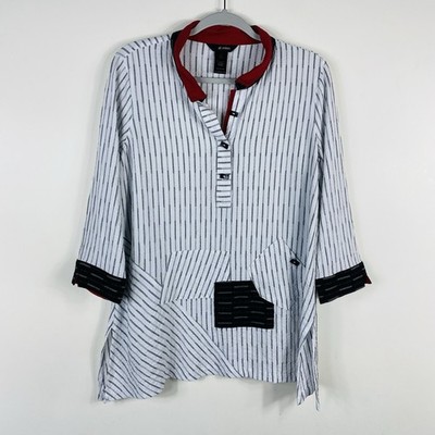 Ali Miles Tunic Top Small Textured Striped Art To Wear White Black Red
