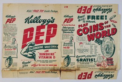 1940s KELLOGG'S PEP Complete EMPTY CEREAL BOX with COINS OF THE WORLD Offer RARE