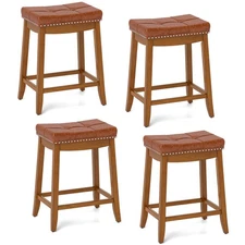 Saddle Bar Stools Set of 4 w/ PU Leather Seat Solid Rubber Wood Frame Footrest