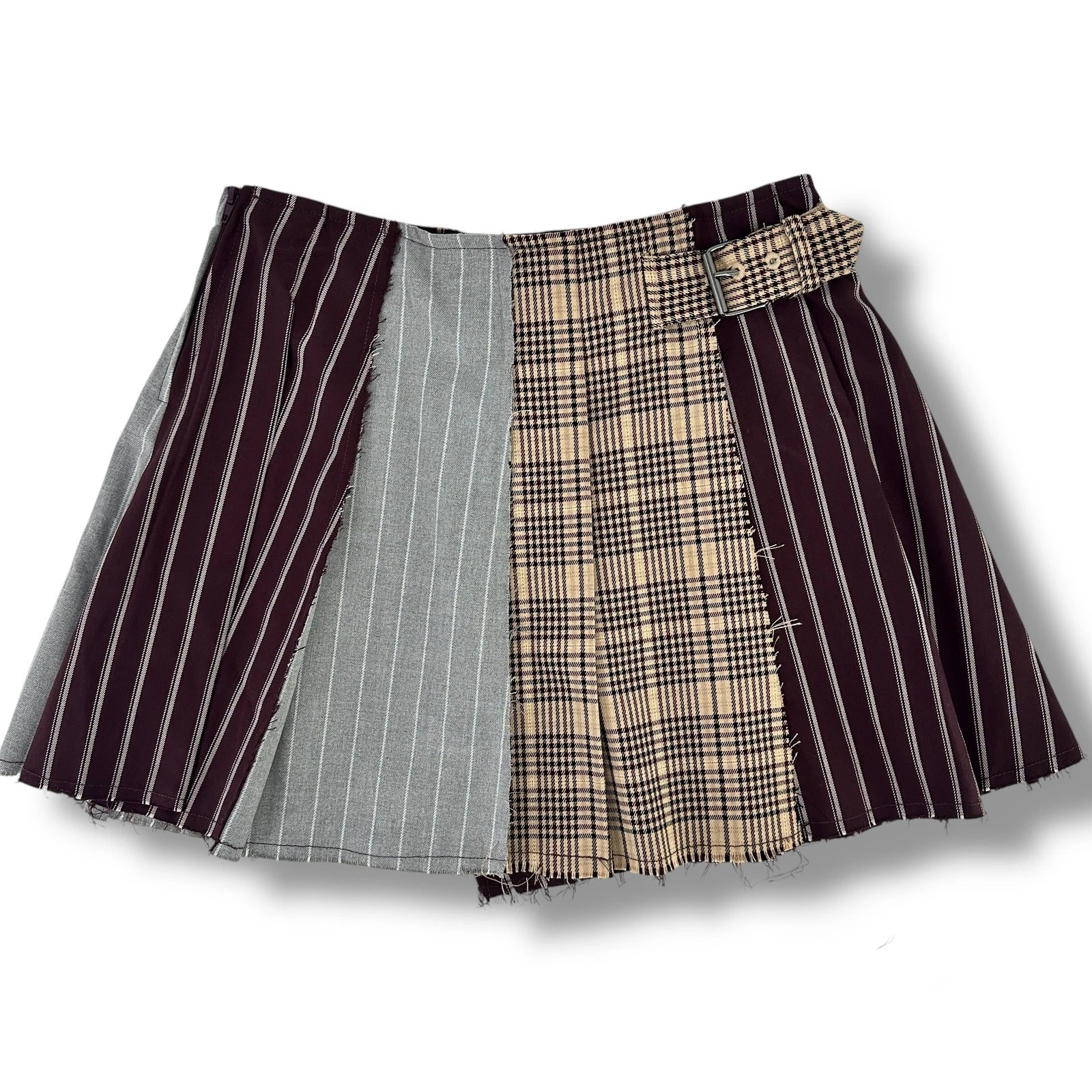 Gianni Bini GB Girls Mixed Media Faux Wrap Plaid Pleated Mini Skirt Sz 6 Brown
