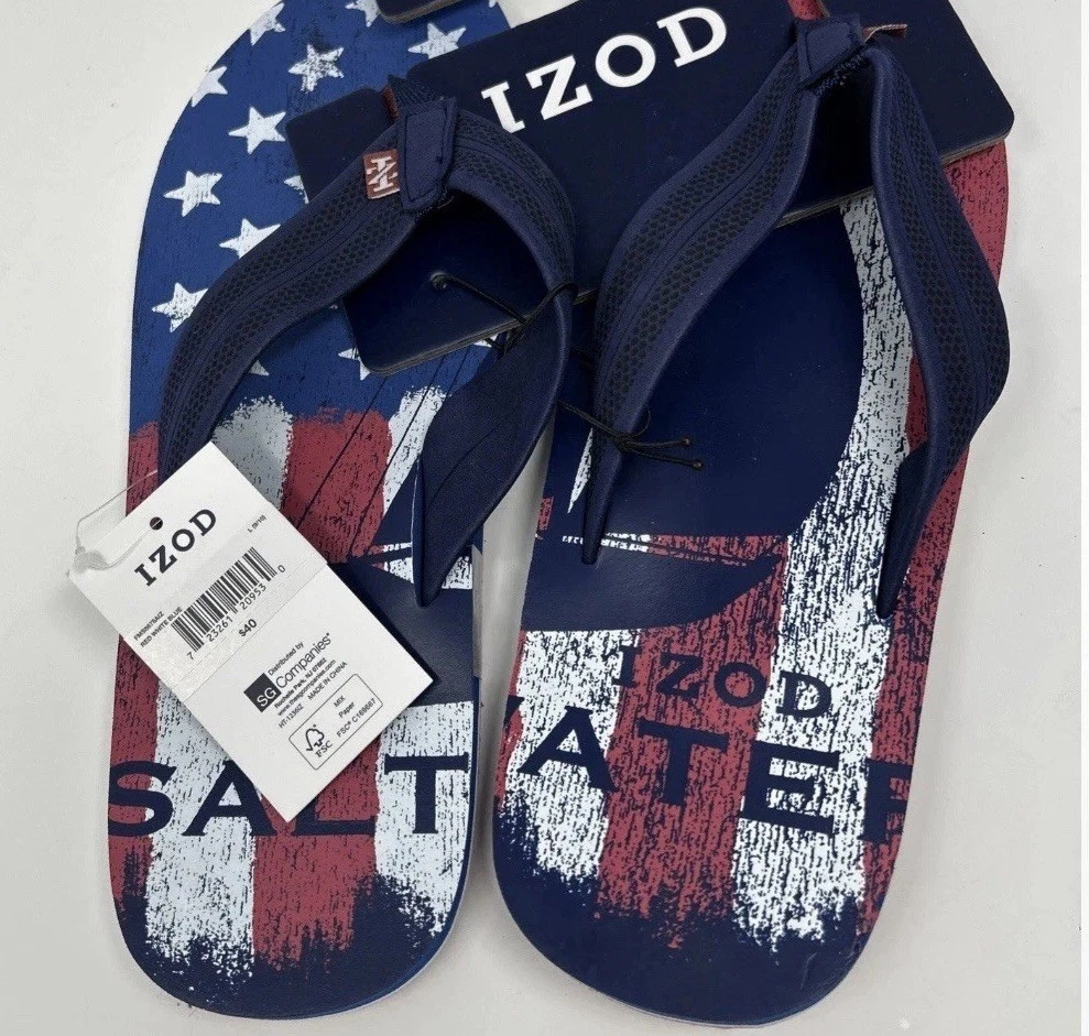 IZOD Men's Flip Flop Sandals Blue Red White Flag Print Size M (9-10)