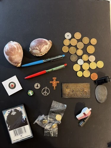 Junk Drawer Lot Vintage Pens Buttons Tokens  Coca Cola Print Plate Dragnet Badge