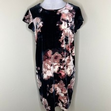 Cynthia Rowley Shift Dress Medium Black Velvet Floral Mini Cap Sleeve Mini Pink