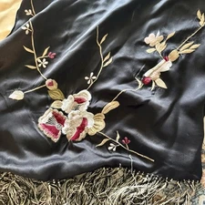 Vintage 100% Silk Embroidered Scarf  Double Layer Pashmina Floral Fringe 70 x 19