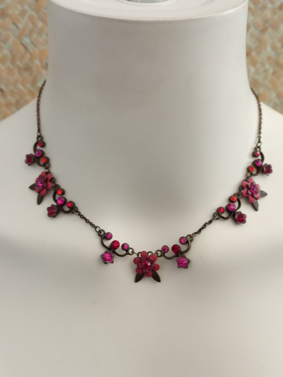Michal Negrin Necklace Dainty Hot Pink Flowers Station With