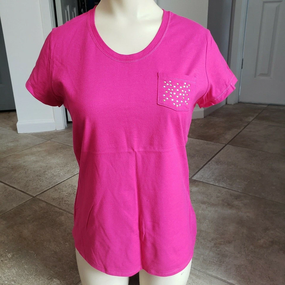 Camiseta Hanes Niñas Escuela Plateada Dorada Tachuelas Bolsillo Brillante XS/S/M/L/XL *ELIGE* Foto 2 de 2