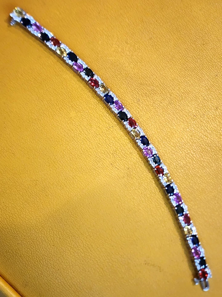 7" Sapphire Ruby Citrine Diamond Tennis Bracelet 14kt Gem Line - Image 2 of 4