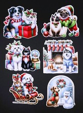 Beautiful DIE CUT CARD TOPPERS Dogs & Cats at Christmas Sleigh Fireplace