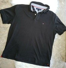 TOMMY HILFIGER Men's Polo Shirt Size Large Black Short Sleeve Logo Button Cotton