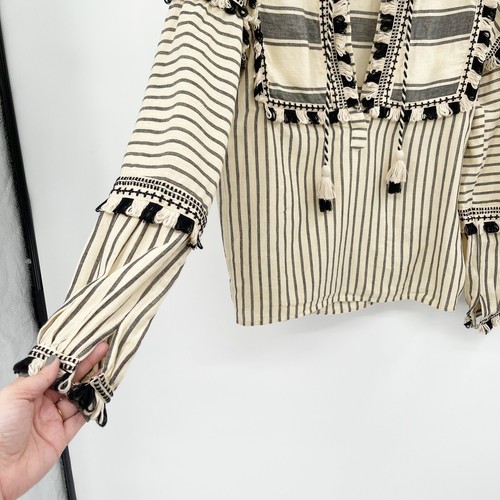 Dodo Bar Or Emanuelle Cotton Blouse Striped Size S Peasant Tassel Tie Fringe - Picture 3 of 10