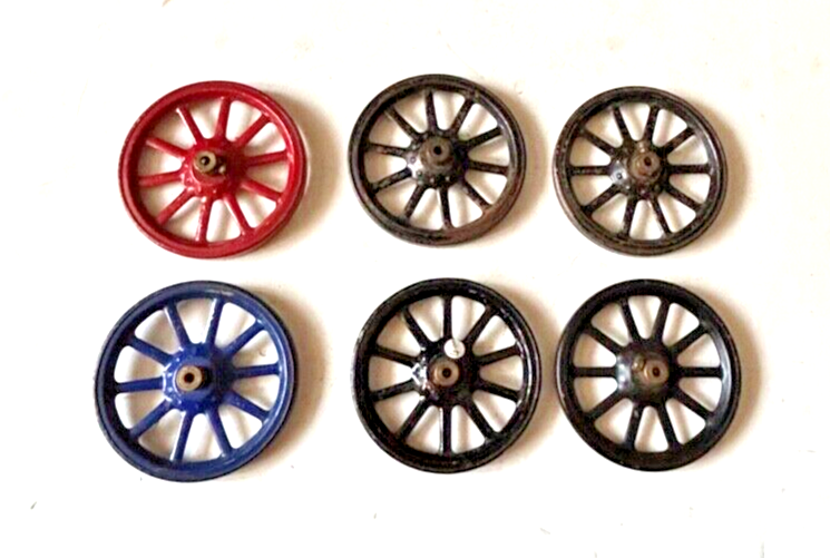 SIX VINTAGE MECCANO No 19a RED BLUE AND BLACK SPOKED WHEELS 3" DIAMETER