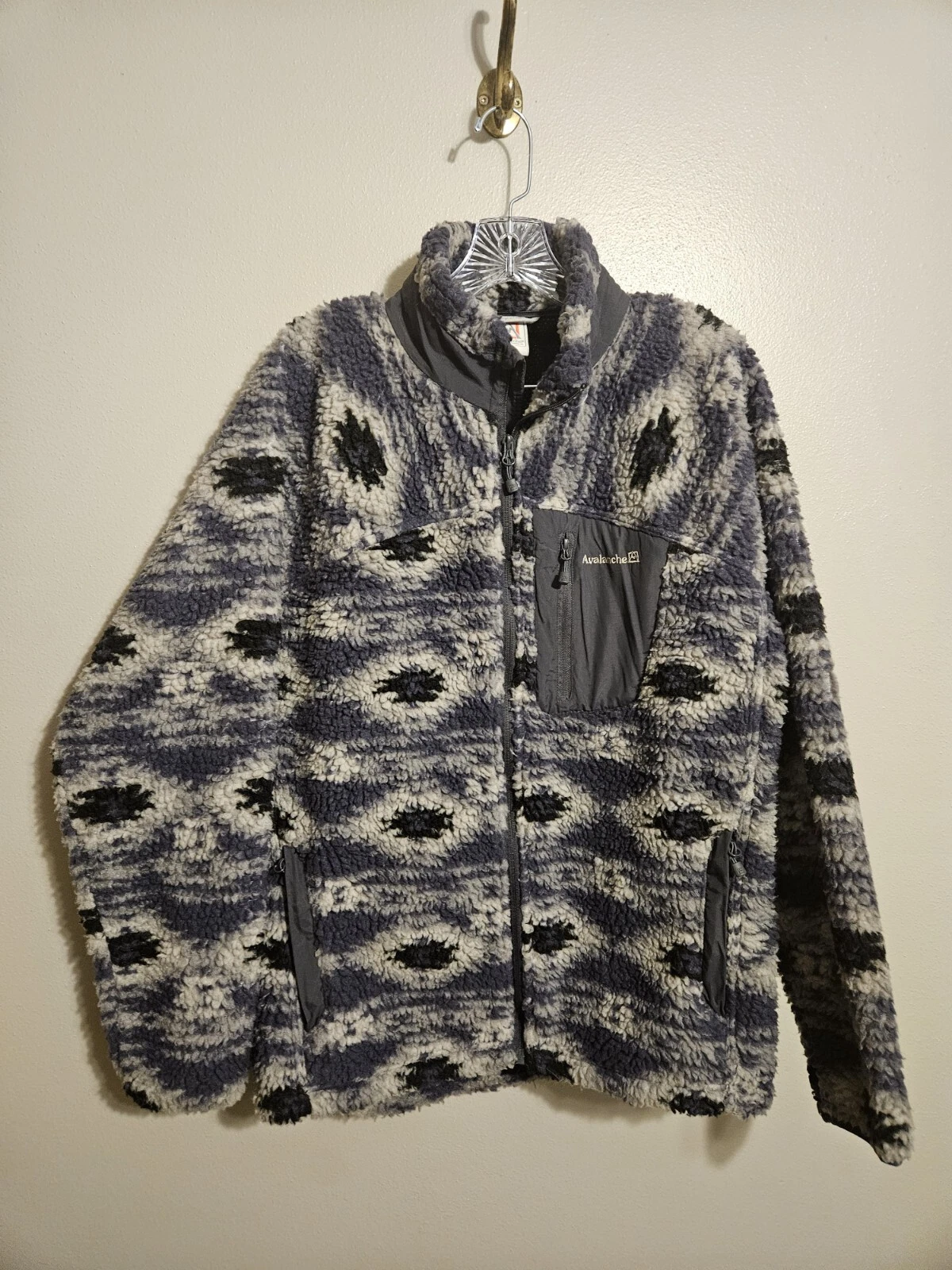 Avalanche Mens Blue Gray Fleece Zip Up Aztec Southwestern Pockets Jacket Size M