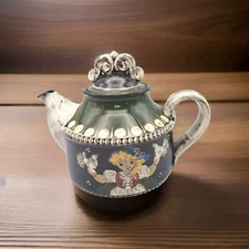 Vtg Hugo Kohler Biel Handarbeit Teapot Signed Swiss Folk Art Boy & Girl Bird