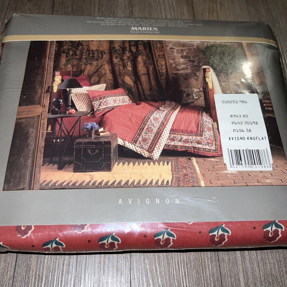 SÁBANA PLANA VINTAGE MARTEX KING FLORAL Aviñón Francés Provincial Rojo RARA NUEVA NOS Foto 3 de 4