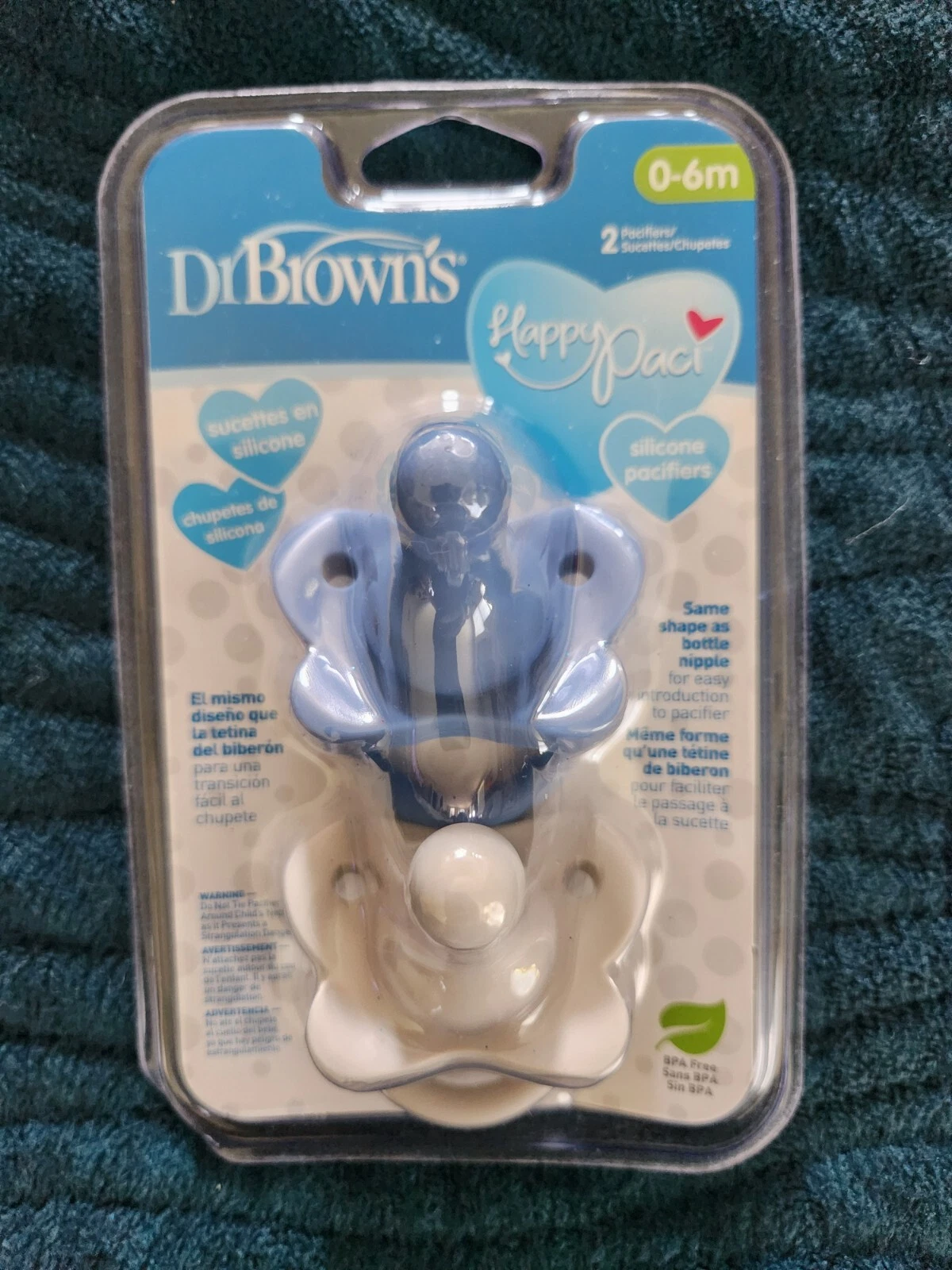 Dr Brown's Happy Paci 0-6m Silicone Baby Pacifiers New 2 Pack BLUE/WHITE NEW