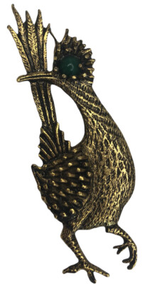 Ambassador Bird Pin  Green Jewel Eye Goldtone Vintage MCM