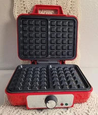 First buy square waffle Maker. 2 Waffles. Red. 9 1/2 X 10 X 4 Compact.