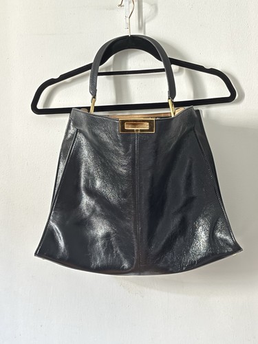 Fendi Peekaboo Medium Black Leather Fur Interior Gold Hardware Handbag