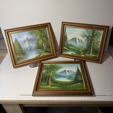 Set of 3 Vintage Mid Century Alpine Mountain Landscape Paintings Textured Framed