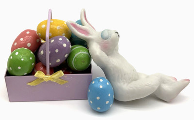 Vintage Easter Bunny Figurine w Basket & Painted Eggs Spring Table Decor