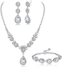 Rhinestone Bridal Jewelry Set Necklace Bracelet Clip on Earrings for Brides Brid