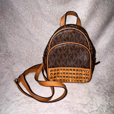 Michael Kors Logo Mini Backpack Brown Tan Studded Front Pocket Zip Pockets