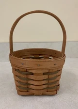 Vtg  1990 Small round Longaberger basket with fixed handle green accents 4"