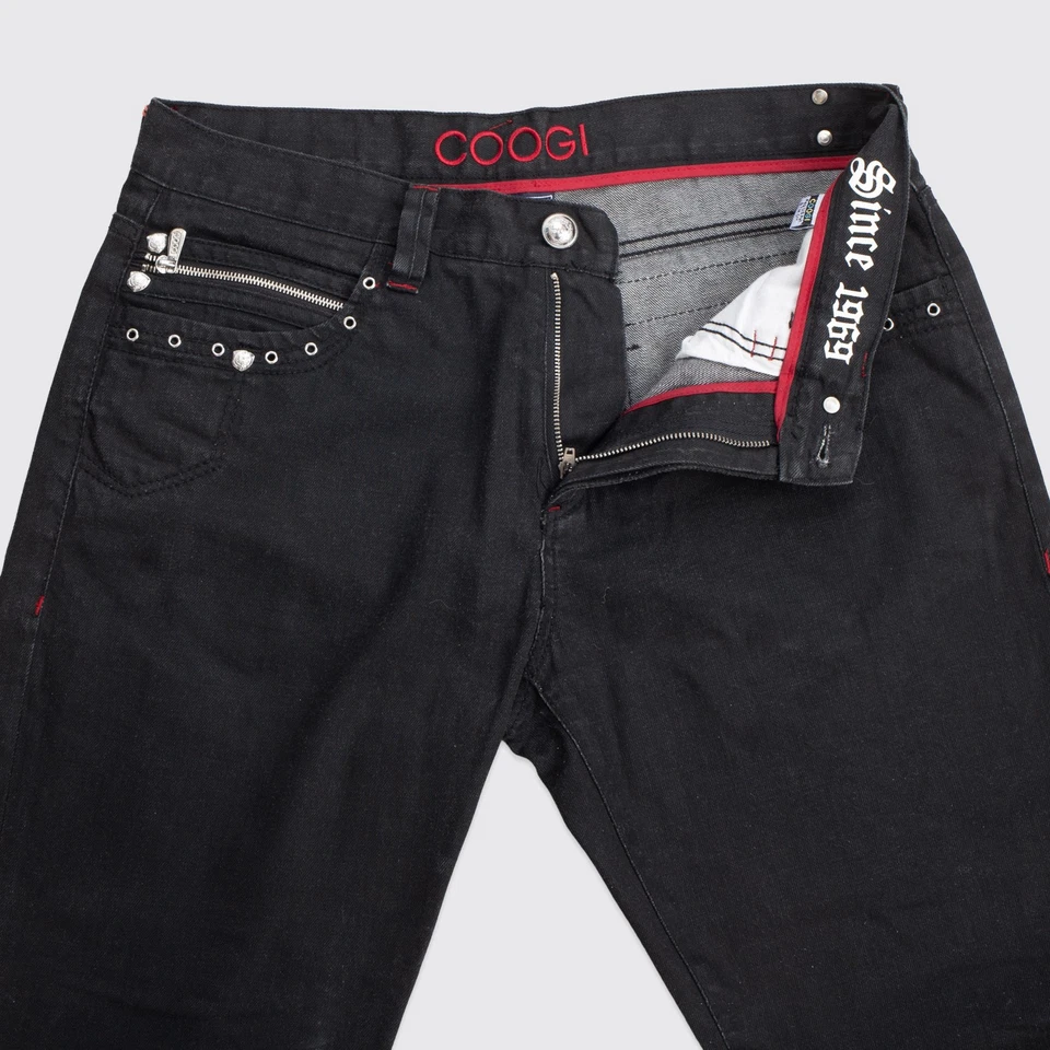 Jeans Coogi Talla W36 L34 Hombres Negro Algodón Denim Adornado Multi Cremallera Bolsillos Foto 2 de 4