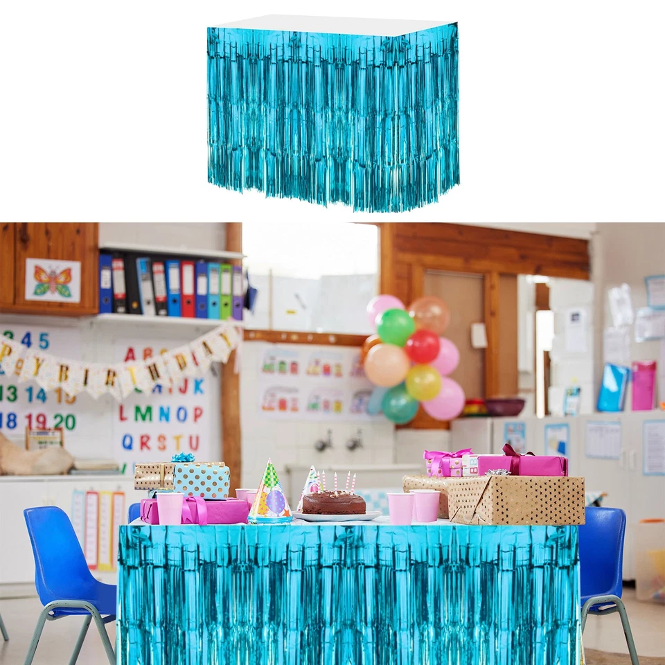Faldas de mesa de oropel con flecos de lámina metálica azul lago 3 piezas 29x108 pulgadas Foto 4 de 4