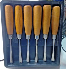 6 Small Wood Working Chisels With Wooden Handles For Detail Work