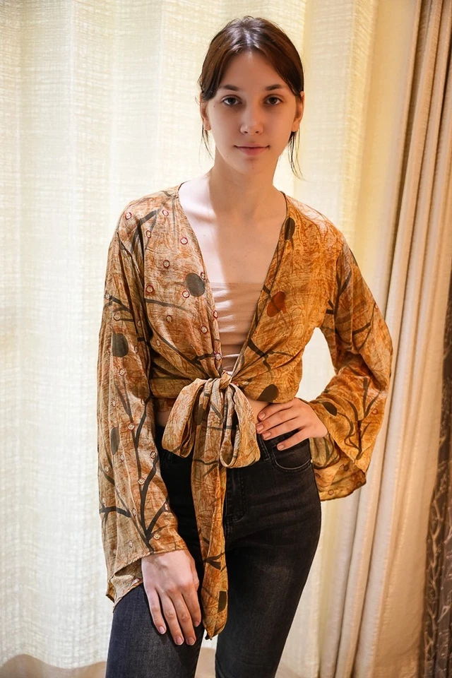 Wrap Top Crepe Silk Tie Blouse Dress Girls Woman Y2k Boho crop Top PS PSW1709 - Image 2 of 4