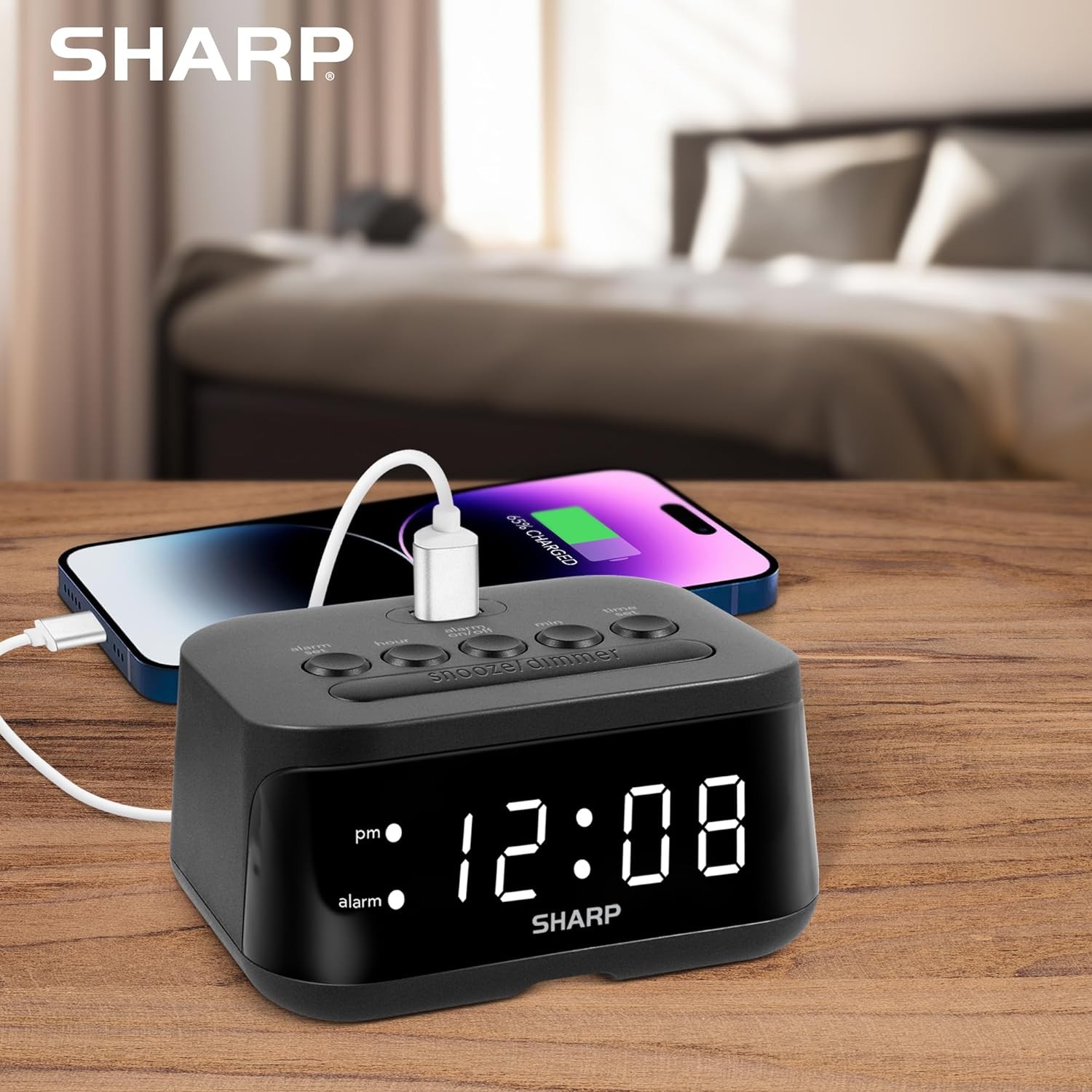 SHARP Digital Alarm Clock with USB 2 AMP Fast Charge White Led - Usb 2 Amp 