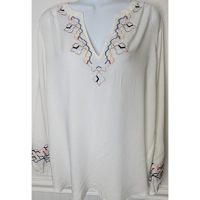 NWT Loft Tunic Top Shirt M White Colorful Embroidered Neck & Sleeve Chiffon L/S