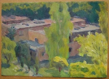 Ukrainian Soviet USSR Oil Painting sityscape fauvism Kyiv spring balcony view